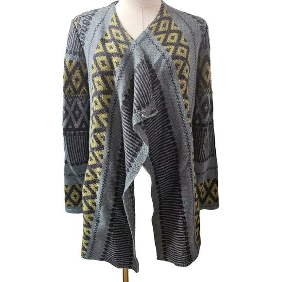 J Jill Drape Front Fair Isle Cardigan Wool/Nylon/Alpaca Green Navy XS Oversized - Picture 1 of 5